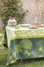 Garnier-Thiebaut Mille Hortensias Coated Tablecloth 69"x98" Vert