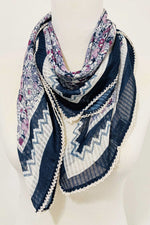 Embroidered Edge Floral Square Scarf Blue-Pink