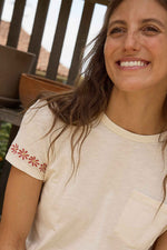 Toad & Co Women's Primo Short Sleeve Crew Embroidered Medium Salt Embroidery