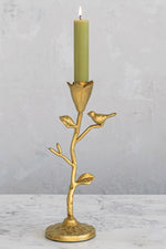 Creative Co-Op Forged Iron Taper Holder with Flowers & Bird 11"