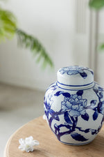 Magnolia Pattern Jar with Lid 6.5"X7.5" Blue & White