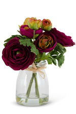 Faux Ranunculus Bouquet in Glass Vase 6.75" Purple