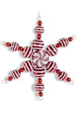 Glitter Ball Snowflake Ornament with Peppermint Stripes 6.75" Red & White
