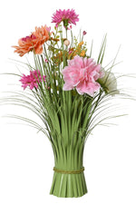 Faux Grass with Chrysanthemum & Geranium Flowers Bouquet Pink & Green