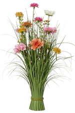 Faux Grass with Chrysanthemum & Geranium Flowers Bouquet Pink & Green