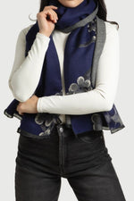 Two Color Floral Reversible Scarf Navy Grey