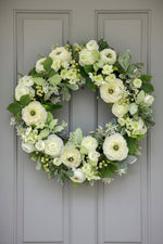 Faux Ranunculus Wreath 24" White/Green
