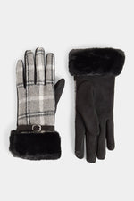 Belted Fur Cuff Plaid Touchscreen Gloves Black
