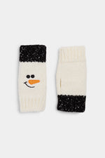 Marled Snowman Knit Fingerless Gloves Winter White