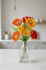 Faux Poppy in Glass Bottle 10" Mixed