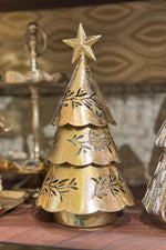 Metal Christmas Tree With Die-Cut Mistletoe Pattern 11.5" Gold