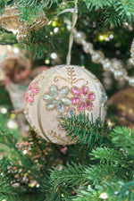 Triple Floral With Beads Ball Ornament 4" Ivory & Pink