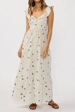 Embroidered Stripe Button Down Tiered Maxi Dress Small