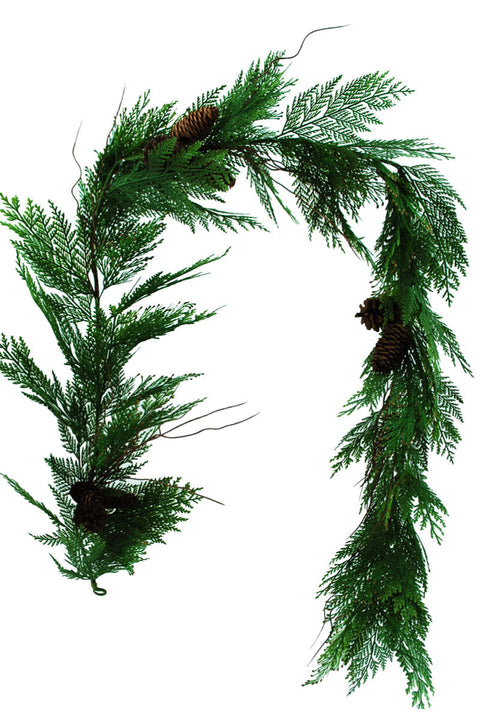 Faux Flocked Incense Cedar Cone Garland 6' Light Two Tone Green