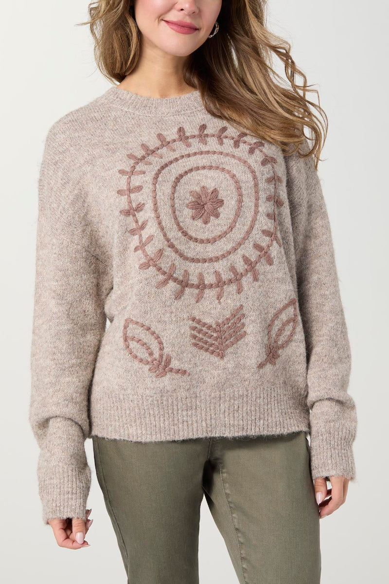 Beaumont Sweater with Tonal Embroidery XS Mushroom