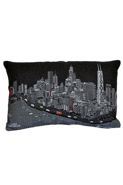 Chicago Skyline Embroidered Wool Night Prince Pillow 24x14