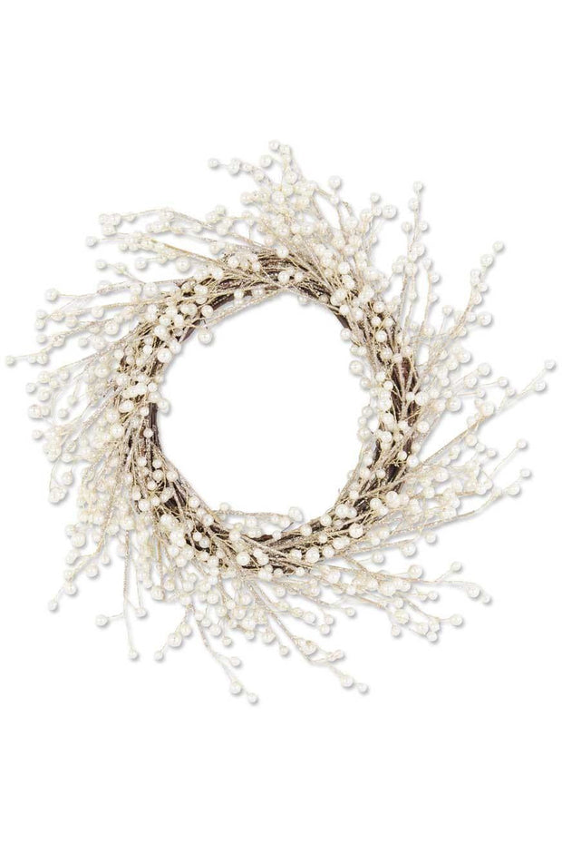 Gold Glittered Twig Wreath with Pearls on Vine Base 20"