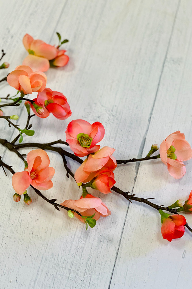 Faux Quince Blossom Spray 35" Two Tone Coral