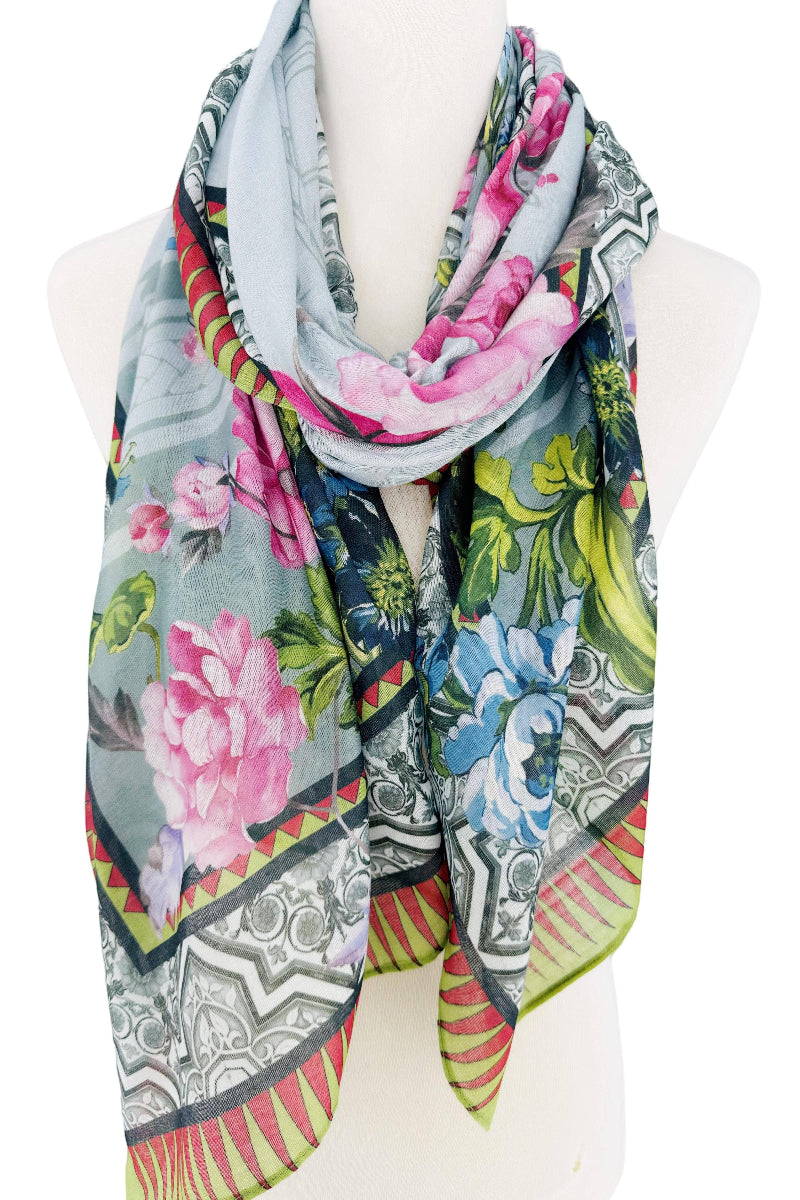 Floral Border Scarf Aqua & Pink
