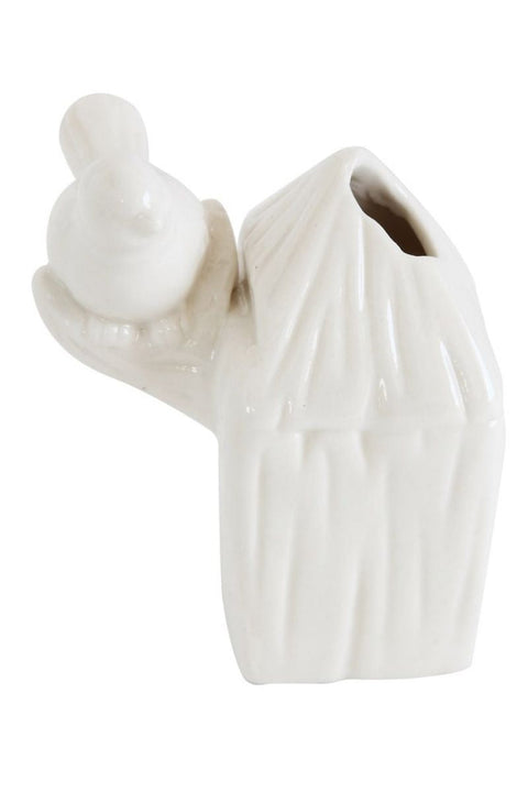 VASE, STONEWARE WHITE W/BIRD 3