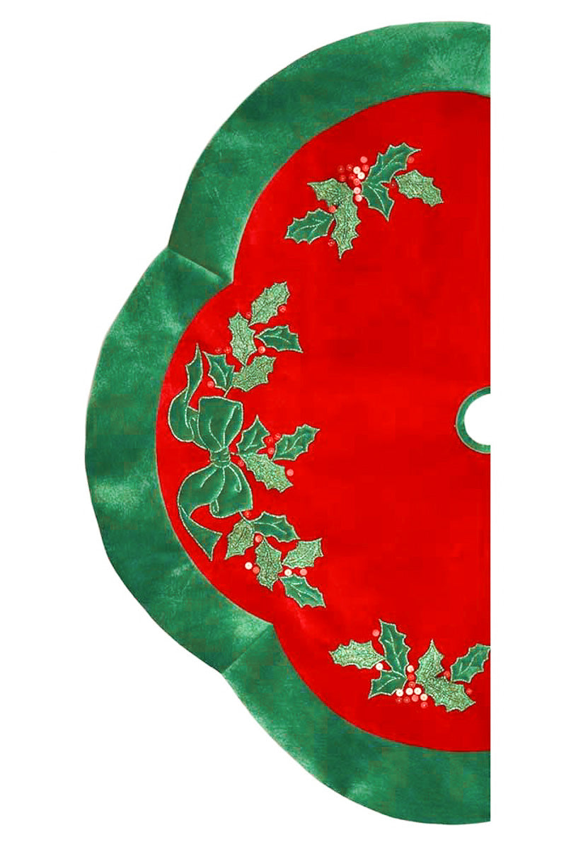 Red Velvet Tree Skirt with Applique Green Leaves 48"