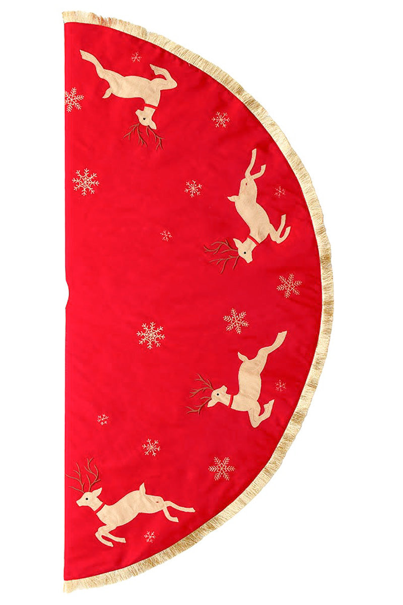 Red and Tan Patchwork Reindeer Running Tree Skirt 54"