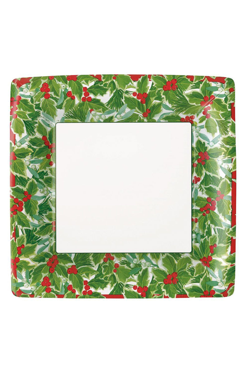 Caspari Holly and Mistletoe Paper Square Dinner Plates