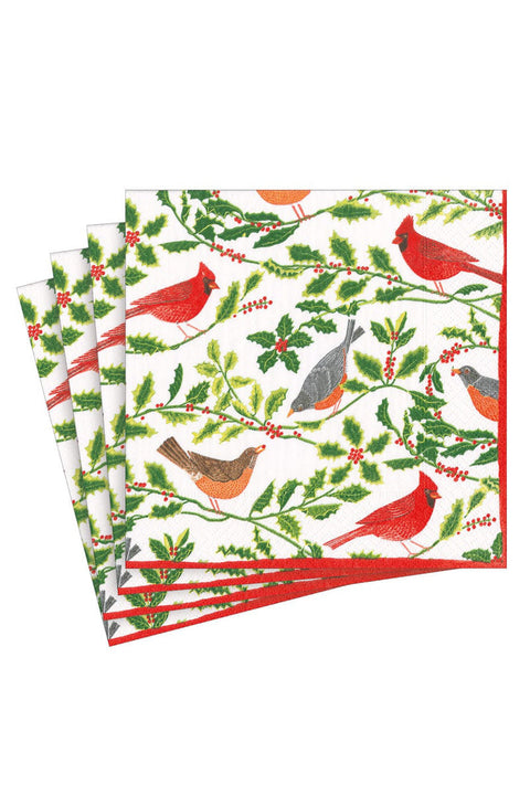 Caspari Song Birds and Holly White Luncheon Napkins