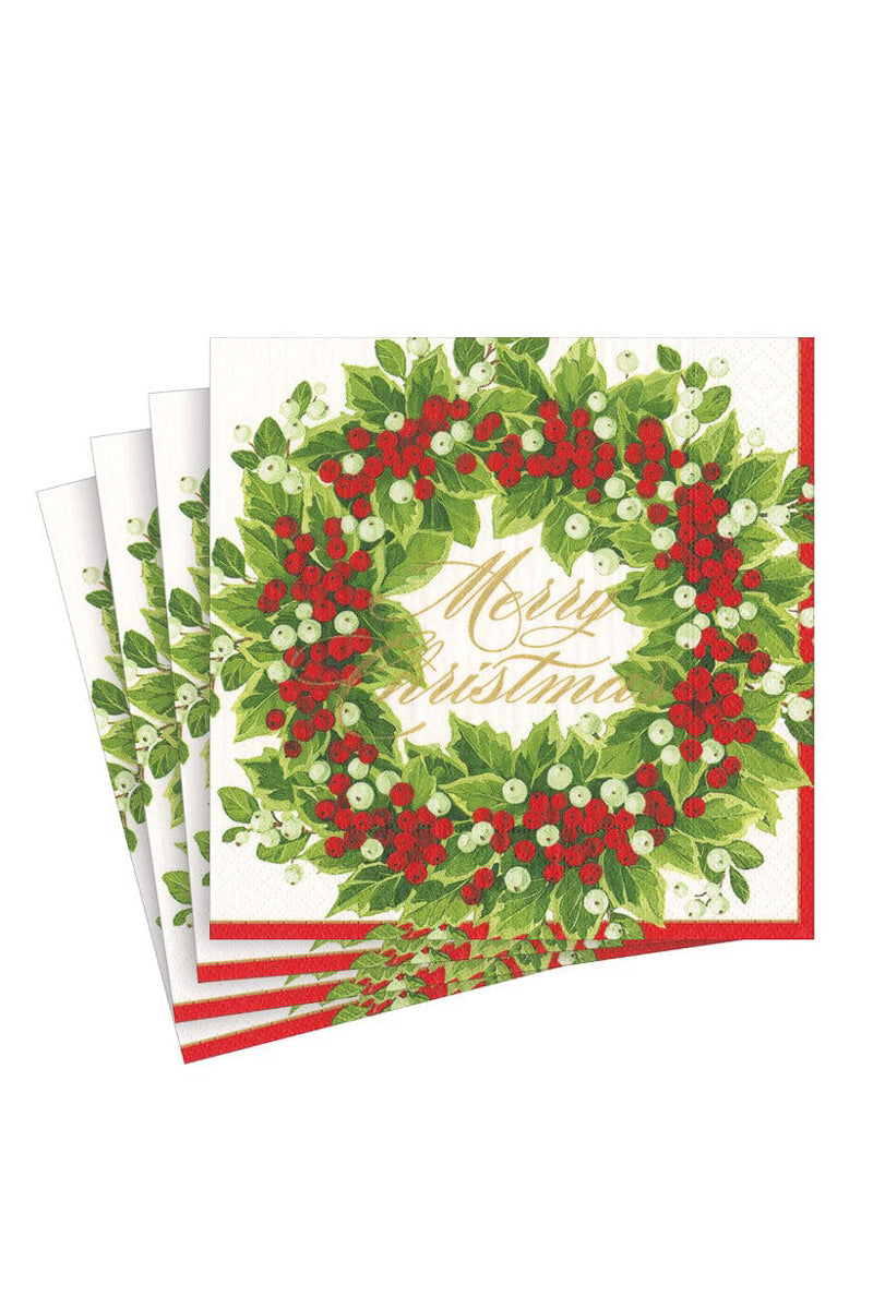 Caspari Holly Berry Wreath Merry Christmas Cocktail Napkins