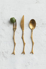 Creative Co-Op Stainless Steel Appetizer Utensils with Twig Shaped Handles Gold Set of 3