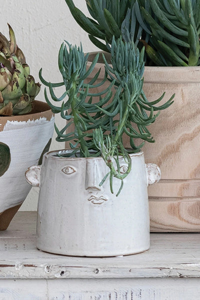 Creative Co-Op Stoneware Planter with Face White 4"