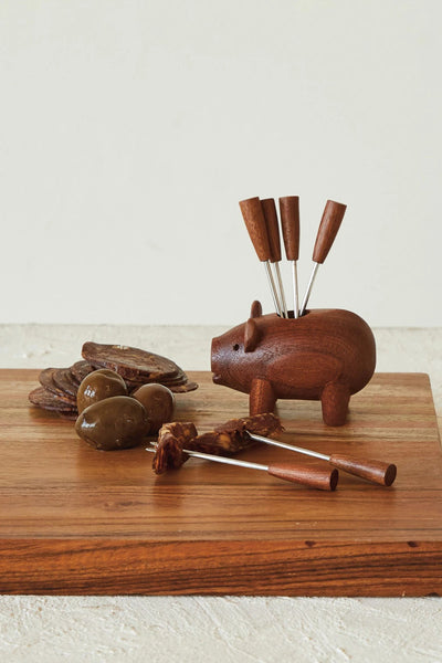 APPETIZER FORKS (6) IN SAPELE WOOD PIG HOLDER NATURAL 7pc SET