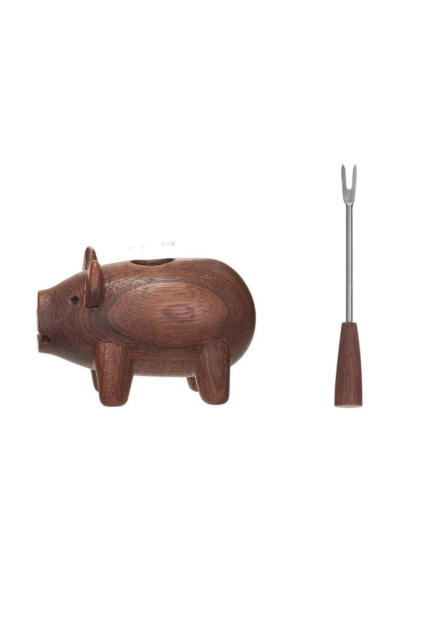 APPETIZER FORKS (6) IN SAPELE WOOD PIG HOLDER NATURAL 7pc SET