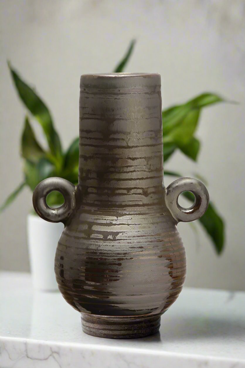 Reactive Glaze Stoneware Vase with Handles Metallic Brown