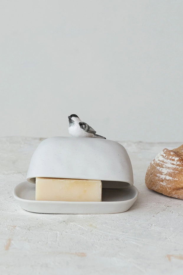 Creative Co-Op Stoneware Butter Dish with Bird Shaped Handle