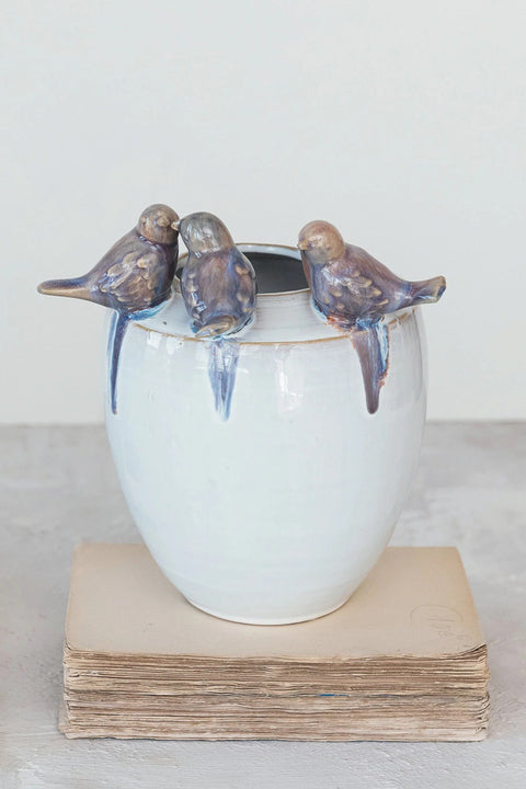 Creative Co-Op Stoneware Planter/Vase with 3D Birds on Rim 5"