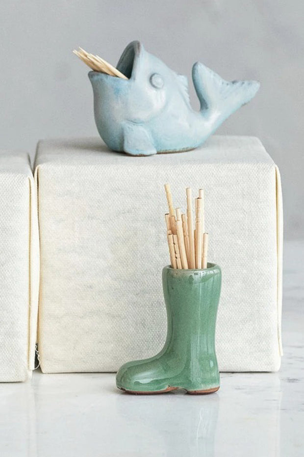 Creative Co-Op Stoneware Garden Boot Shaped Toothpick Holder Green