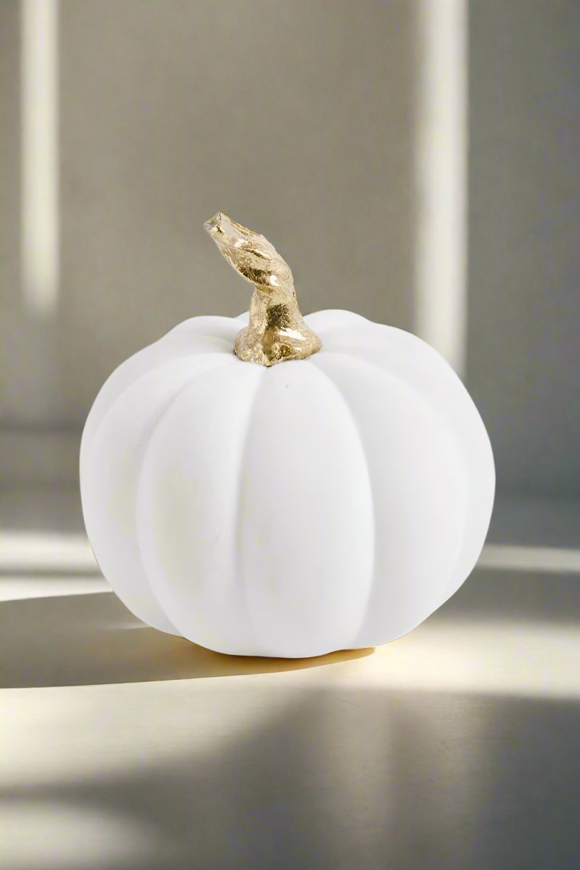 White Velvet Pumpkin with Twisted Gold Stem 3.5"