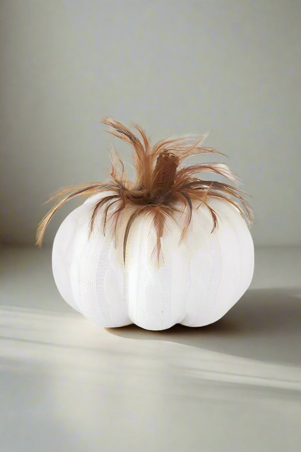 White Cable Knit Pumpkin with Wood Stem and Feathers Small