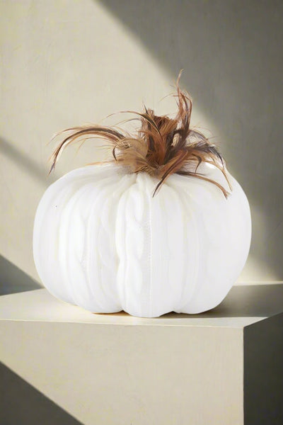 White Cable Knit Pumpkin with Wood Stem and Feathers Medium