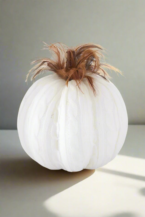 White Cable Knit Pumpkin with Wood Stem and Feathers Large