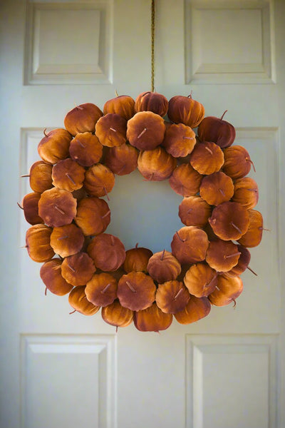 Faux Orange Velvet Pumpkin Wreath 18"