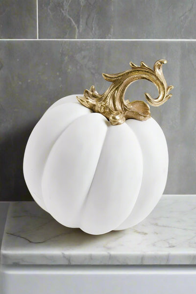 White Velvet Textured Pumpkin with Gold Filigree Stem 12"