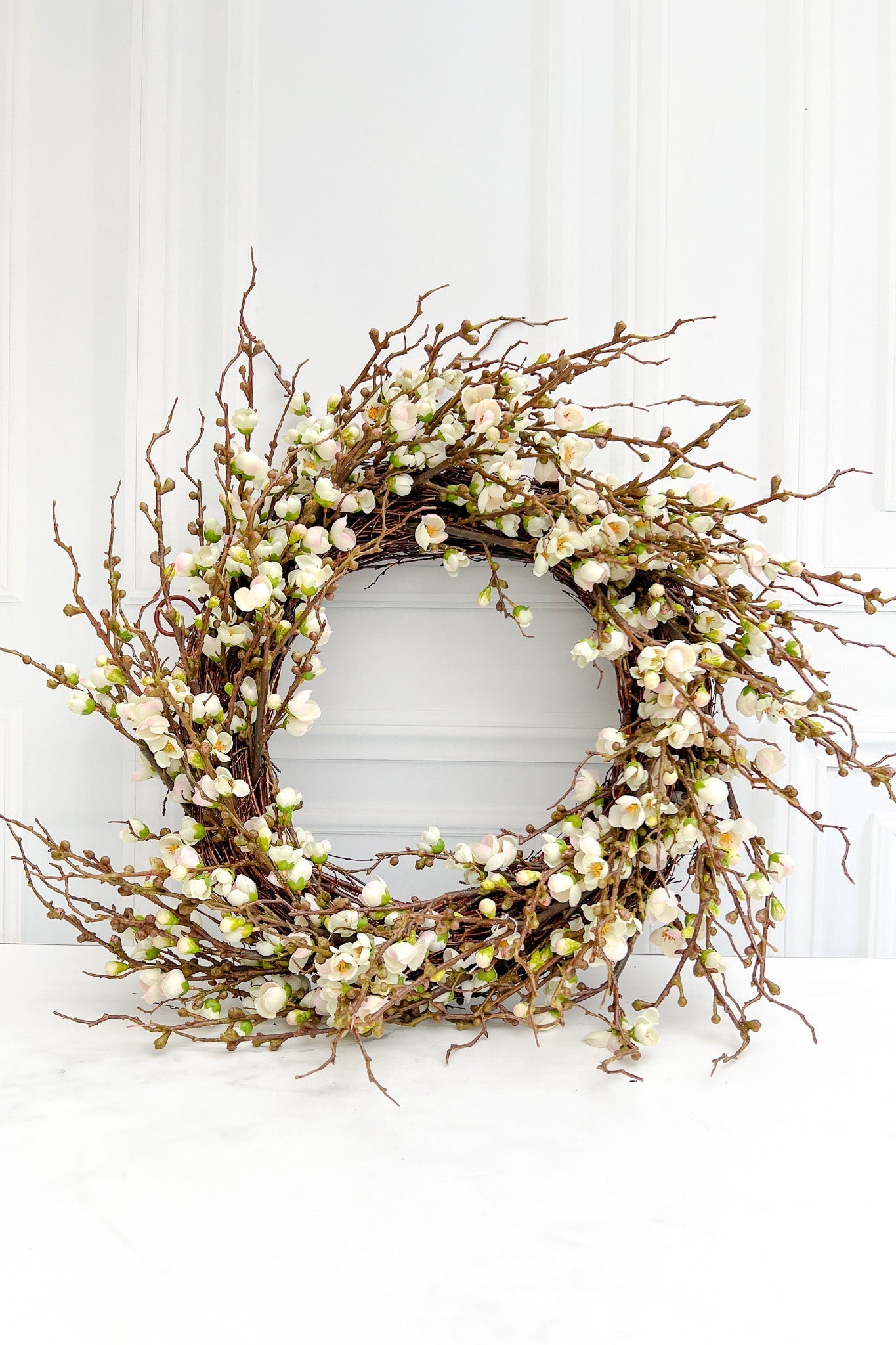 Faux Peach Blossom Wreath 24" White