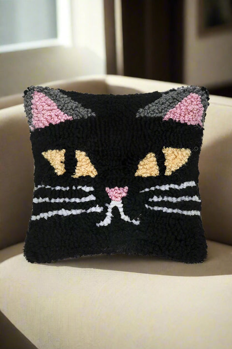 Spooky Cat Face Hooked Pillow