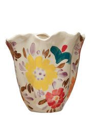 VASE, STONEWARE RUFFLED W/FLOR