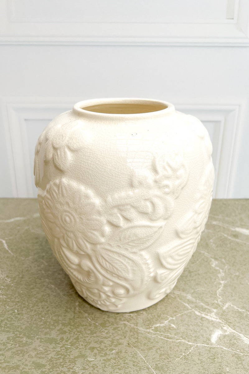 Ceramic Paisley & Floral Embossed Vase 12" White