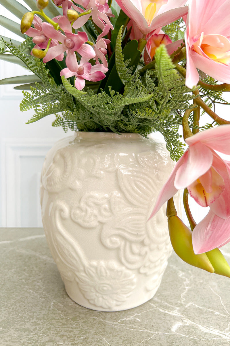 Ceramic Paisley & Floral Embossed Vase 8.75" White