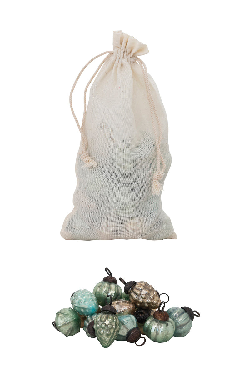 Ornaments Mercury Glass in Muslin Bag Green Set
