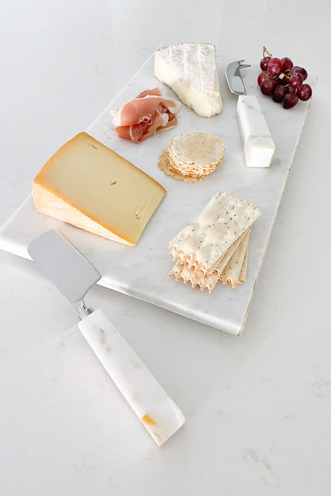 White Marble Cheese Board & Knive Set with Mother of Pearl Inlay
